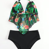 Swim Lushore Banador bikini halter con estampado tropical bajo hanky