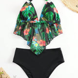 Swim Lushore Banador bikini halter con estampado tropical bajo hanky