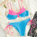 Swim Vcay Conjunto de bikini de verano con sujetador con aro, cuenta con perlas y bloque de color, Bottom con tiras para atar en los costados