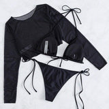 Swim Conjunto de bikini unicolor Sujetador halter y bottom de tanga con lazo lateral y parte superior de manga larga para cubrir traje de bano de 3 piezas