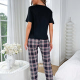 Conjunto de pijama con estampado de cuadros con cordon delantero