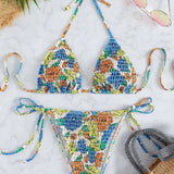 VCAY Conjunto de bikini con estampado floral Sujetador de triangulo fruncido y tanga con lazo lateral Traje de bano de 2 piezas