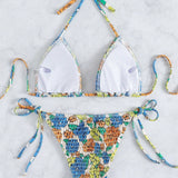 VCAY Conjunto de bikini con estampado floral Sujetador de triangulo fruncido y tanga con lazo lateral Traje de bano de 2 piezas
