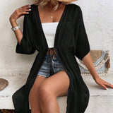 Swim kimono con encaje en contraste de cintura con cordon de manga murcielago