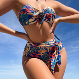 Banador bikini bandeau con estampado tropical con nudo delantero