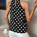 Blusa con estampado de lunares de cuello con cordon