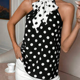 Blusa con estampado de lunares de cuello con cordon