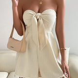 VCAY Tassel Trim Waffle Knit Cut Out Knot Front Tube Romper