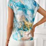 Blusa con estampado de marmol de cuello notch de manga murcielago