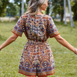 VCAY Paisley Print Surplice Neck Belted Romper
