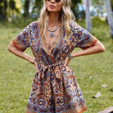 VCAY Paisley Print Surplice Neck Belted Romper