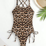 Swim SXY Traje de bano de una pieza con estampado de leopardo, cruzado en la espalda y sin espalda para playa de verano