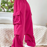 EZwear Pantalones De Carga Color Rosa Con Bolsillo Tipo Solapa, Cordon En La Cintura Y Bolsillo Lateral