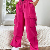 EZwear Pantalones De Carga Color Rosa Con Bolsillo Tipo Solapa, Cordon En La Cintura Y Bolsillo Lateral