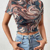 Prive Top con estampado de marmol de cuello alto crop de malla sin Brasier