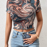 Prive Top con estampado de marmol de cuello alto crop de malla sin Brasier