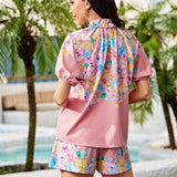 VCAY Shorts con blusa con estampado floral de cuello con cordon de manga farol