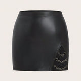 ICON Plus Chain Detail Split Hem PU Leather Bodycon Skirt