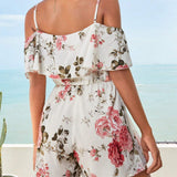 VCAY Floral Print Cold Shoulder Romper