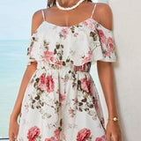 VCAY Floral Print Cold Shoulder Romper