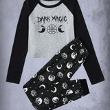 ROMWE Goth Conjunto de pijama con letra con estampado de luna de color combinado de manga raglan