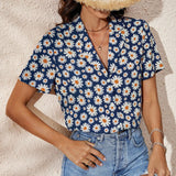 VCAY Camisa con estampado floral de margarita de cuello con solapa