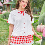 ROMWE Kawaii Blusa de a grande con bordado de cereza, ribete de volantes en el dobladillo y decoracion de lazo