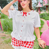 ROMWE Kawaii Blusa de a grande con bordado de cereza, ribete de volantes en el dobladillo y decoracion de lazo