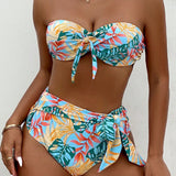 Swim Banador bikini bandeau con estampado tropical con nudo delantero