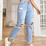 EZwear Jeans de ajuste mom de talle alto desgarro bajo crudo