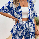 LUNE con estampado tropical de hombros caidos Kimono & Shorts