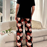 Conjunto de pijama con estampado floral con parche de bolsillo