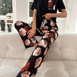 Conjunto de pijama con estampado floral con parche de bolsillo