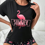 Conjunto de pijama shorts con camiConjuntoa con estampado de letra y flamenco