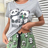 Conjunto de pijama con estampado de panda y letra con lazo delantero
