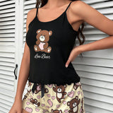 Conjunto de pijama con estampado de oso y letra ribete en forma de lechuga con lazo delantero