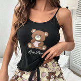 Conjunto de pijama con estampado de oso y letra ribete en forma de lechuga con lazo delantero