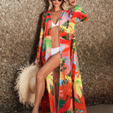 Swim kimono con estampado tropical con cinturon