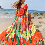 Swim kimono con estampado tropical con cinturon