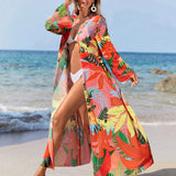 Swim kimono con estampado tropical con cinturon