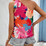 VCAY Blusa con estampado floral de un hombro con nudo lateral