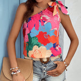 VCAY Blusa con estampado floral de un hombro con nudo lateral