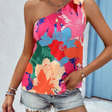 VCAY Blusa con estampado floral de un hombro con nudo lateral