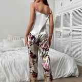 LuxeNights con estampado floral de Satin Top de tirantes con pantalones Conjunto de pijama