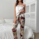 LuxeNights con estampado floral de Satin Top de tirantes con pantalones Conjunto de pijama