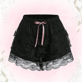 ROMWE Kawaii Shorts de dormir con encaje en contraste con cordon delantero