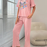 Conjunto de pijama con estampado de mariposa y letra ribete con fruncido