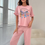 Conjunto de pijama con estampado de mariposa y letra ribete con fruncido