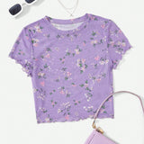 EZwear Top De Malla Con Diseno Floral De Verano Con Bordes De Lechuga