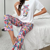 con estampado de dibujos animados Camiseta de hombros caidos & con estampado floral Pantalones Conjunto de pijama